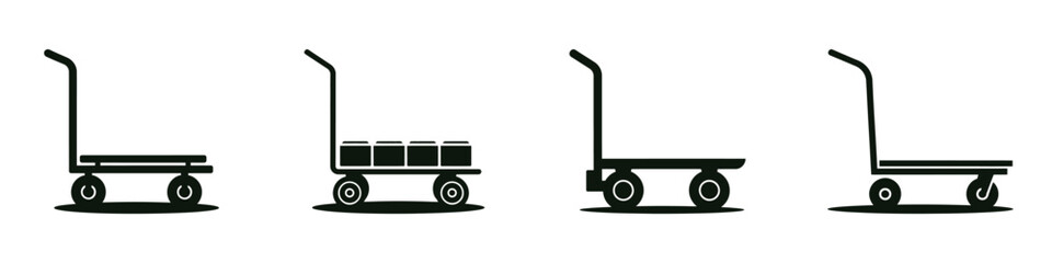 Set of Four Black Silhouette Hand Trucks and Dollies with and without Boxes, Industrial Carts for Moving and Transporting Goods, Warehouse and Logistics Equipment Icons