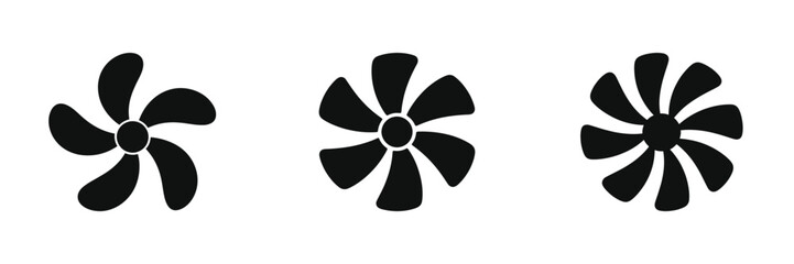 Set of Three Black Silhouette Fan Blades with Different Designs, Ventilation and Cooling Icons, Airflow and HVAC System Symbols for Industrial and Home Use