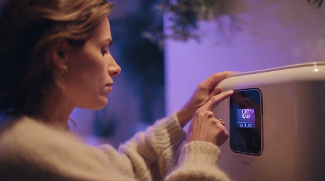 Medium shot of a moldtoxicity fatigue sufferer adjusting purifier settings on a digital display with the background softly blurred to emphasize the devices role in wellness.