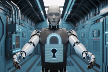 Futuristic robot with glowing lock symbol represents cybersecurity, data protection, and digital privacy in a modern technological environment