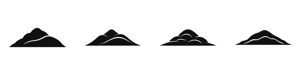 Black Silhouette Set of Four Gravel Piles with Different Shapes and Sizes, Construction Material Icons, Aggregate and Stone Heap Illustrations for Building and Landscaping Projects