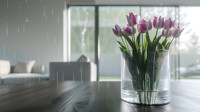Elegant tulips bloom indoors as gentle rain falls outside, creating a serene and calming atmosphere perfect for home decor or lifestyle content - Powered by Adobe