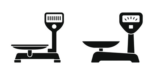 Vintage kitchen scales silhouette set, classic analog weighing scales icons, retro food measurement tools, black and white vector illustration for cooking and baking designs
