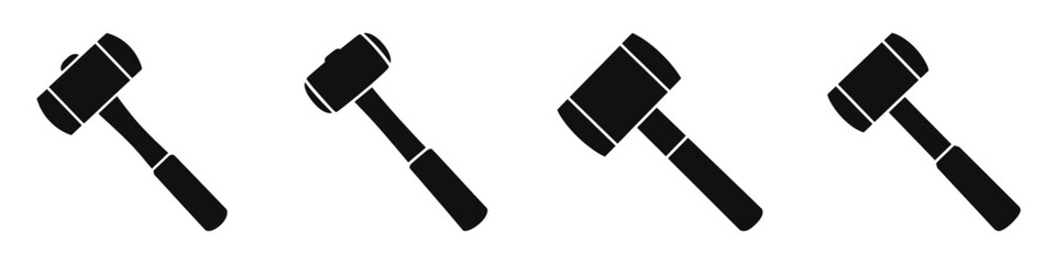 Set of Four Black Rubber Mallet Silhouettes, Different Angles of Hammer Tools for Construction, Carpentry, and DIY Projects, Vector Icons and Symbols