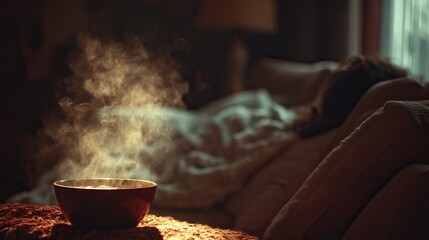 Cozy scene of a person resting at home surrounded by medicine, tissues, and a warm bowl of soup. Comfort and healing during illness.