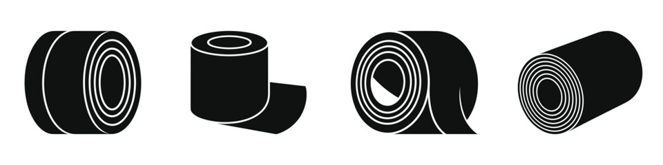 Set of black and white adhesive tape roll icons, different types of tape rolls for packaging, masking, duct, and electrical use, isolated vector illustration for industrial and office supplies