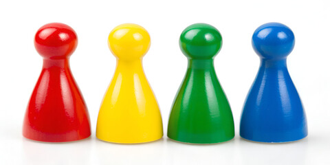 Ludo pieces arranged in a row on white background for organized colorful game element display