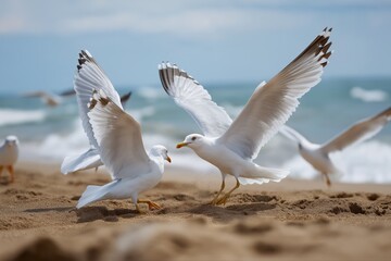 Seagulls interacting on sandy beach with ocean waves in the background