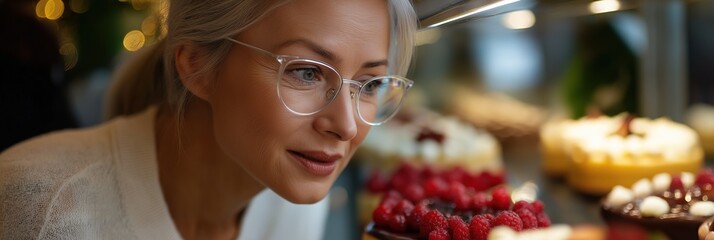 Caucasian mature female enjoying pastry display in bakery with glasses