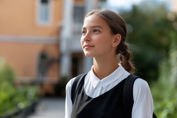 Young caucasian female student outdoors with backpack in school courtyard