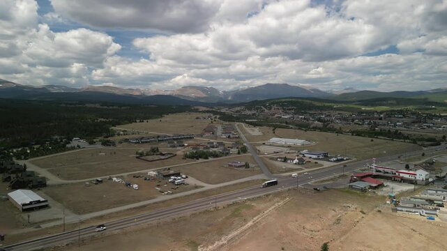 Aerial above town of Fairplay Colorado in summertime in Park Country