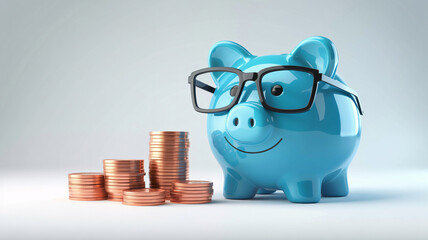 Smart blue piggy bank with stacks of coins, symbolizing financial growth and savings success