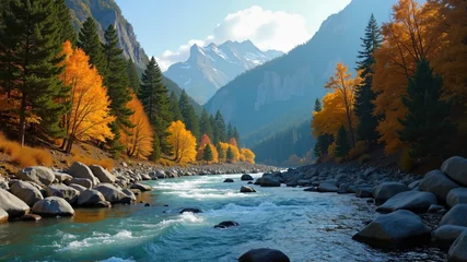 Fotobehang Bosrivier Mountain river in autumn forest. Nature landscape, hiking, rafting background   © Konstantin