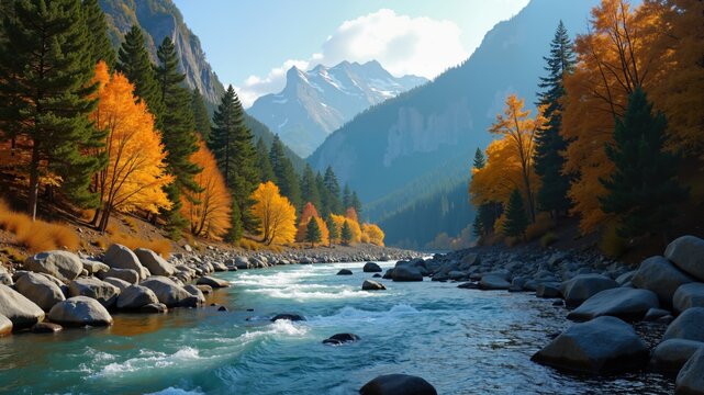 Mountain river in autumn forest. Nature landscape, hiking, rafting background
