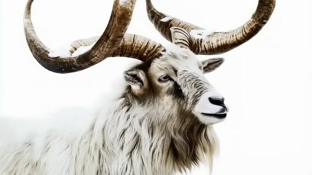 Majestic Markhor Portrait with Striking Horns Against a Crisp White Backdrop