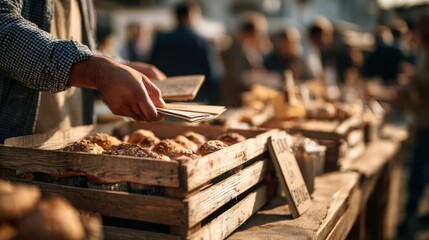Activist at food market handing out recipes for using food scraps, encouraging community to cook smarter and waste less