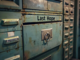 Discovering last hope within weathered metal storage, offering a vintage industrial aesthetic, sparking thoughts of resilience and finding light in darkness