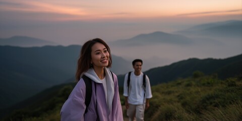 Asian young adults hiking at sunrise in misty mountain landscape