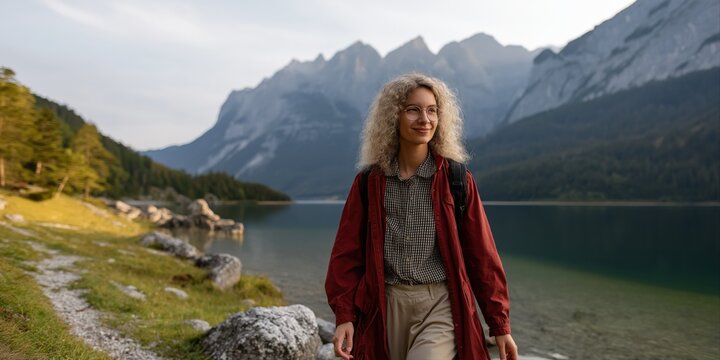 Caucasian female adult hiking by mountain lake in red jacket