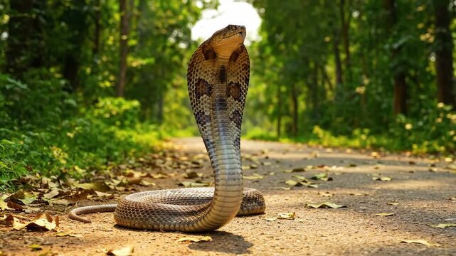Cobra Snake on Forest Road - A cobra snake is shown in a striking position on a forest road. The snake's hood is raised, and its body is partially visible on the sun-dappled path.