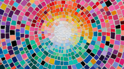 Colorful mosaic spiral with rainbow tiles in concentric design