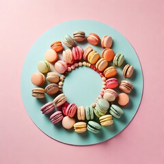 Obraz premium A charming circle of colorful macarons is arranged on a pastel blue plate against a pink backdrop, creating a sweet and elegant presentation for any occasion