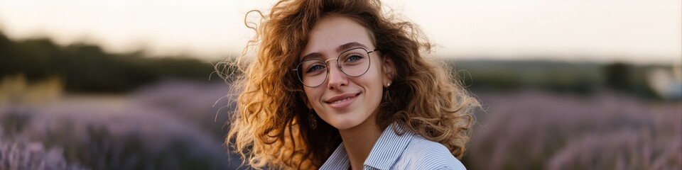 Obraz premium Young caucasian female with glasses smiling in lavender field at sunset