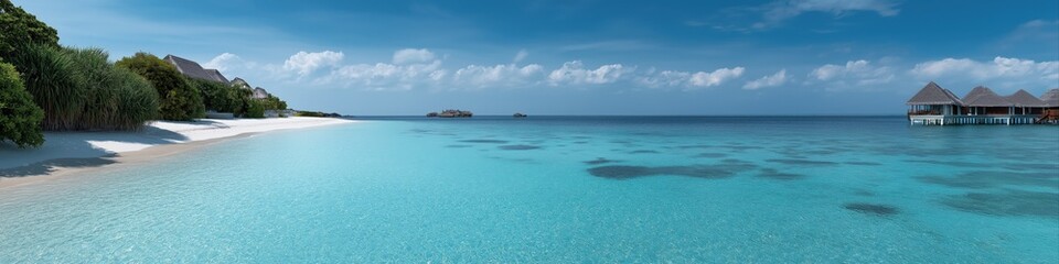 Obraz premium Tropical beach with turquoise water and overwater bungalows under clear blue sky