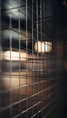 Obraz premium Abstract Composition of a Steel Mesh Fence with Wide Aperture Blur, Soft Focus on Foreground Grid Lines