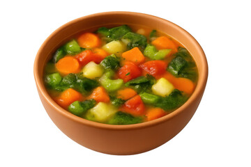 Warm vegetable soup with carrots, potatoes, tomatoes, celery, and spinach in brown bowl on transparent background
