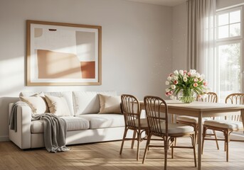 Cozy living room with sofa, dining table, and floral arrangement