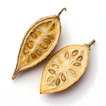 Halved dried pointed gourds, isolated on a white background, likely intended for culinary,