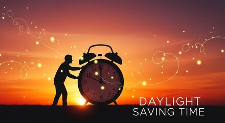 Silhouette of person adjusting clock at sunset symbolizing daylight saving time change