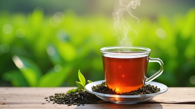Cup of hot steaming tea with organic green tea leaves on wooden table against tea plantation background
 - Powered by Adobe