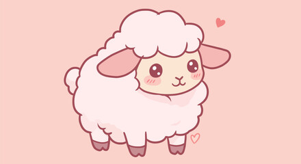 Naklejka premium Adorable fluffy sheep cartoon illustration with soft pink background and hearts