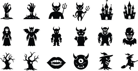 Halloween horror silhouette icons including monsters, haunted castle, witches, zombies, vampires, demons, and spooky trees