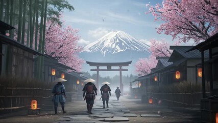 Samurai Walking Towards Mount Fuji in Spring - Powered by Adobe