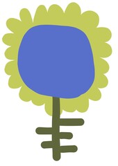 A green flower with a blue center. naive art, close-up on a white background.