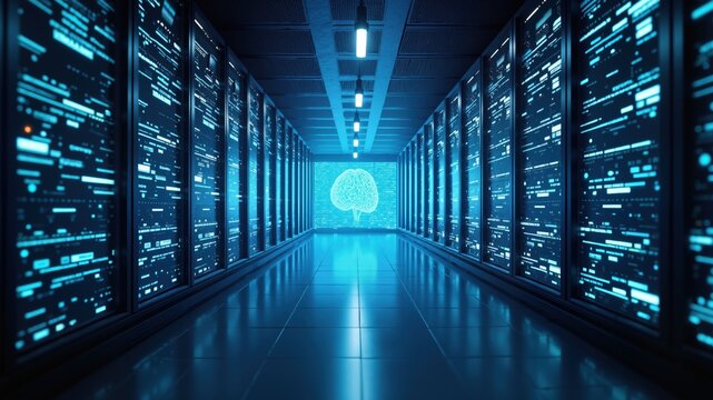 Abstract tunnel of servers, data processing and artificial intelligence, digital technologies concept
