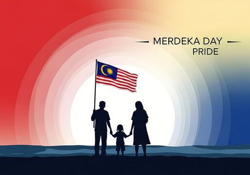 Merdeka day celebration with family silhouette holding malaysia flag against vibrant gradient background