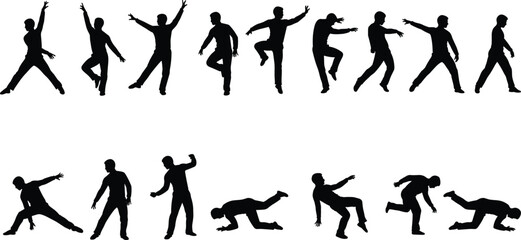 Silhouette Dance Poses of Male Dancers in Dynamic Movements, Artistic Vector Illustration