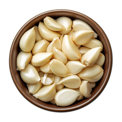 Fresh raw peeled garlic cloves in a bowl, a pungent, aromatic and savory ingredient, a healthy staple for Mediterranean or Asian cuisine