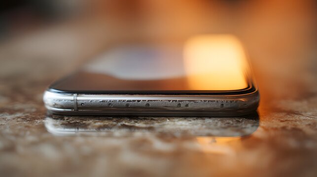 Artistic close-up of a smartphone featuring textured silver frame and gradient display under warm lighting