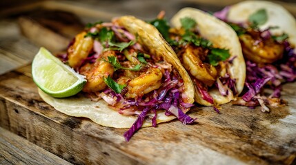 Close-up of shrimp tacos topped with fresh cabbage slaw on rustic wooden board
