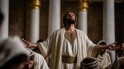 In a grand Egyptian court, Joseph stands with arms wide open, tears shining in his eyes. His brothers kneel in stunned silence, golden columns and sheer white curtains glowing in warm light.