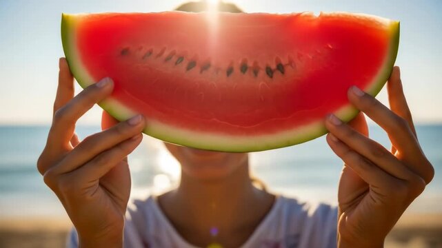 Woman at beach holding vibrant watermelon slice to camera creating a happy summer emoji face, holiday concept video.