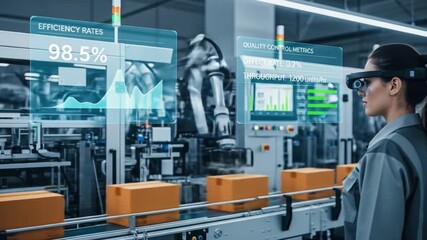 Smart Factory: Woman with AR Glasses Monitoring Production Line - Powered by Adobe