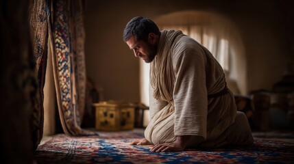 In the golden glow of the tabernacle, Joshua kneels before the Ark of the Covenant, head bowed in reverence, sacred light streaming through, casting divine radiance on the gilded cherubim.