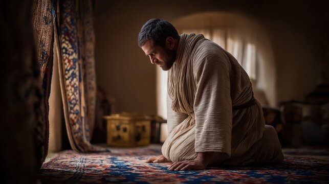 In the golden glow of the tabernacle, Joshua kneels before the Ark of the Covenant, head bowed in reverence, sacred light streaming through, casting divine radiance on the gilded cherubim.