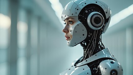 Fototapeta premium Female robot in silver metal exoskeleton. Artificial intelligence and cyber technology concept 